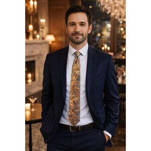 Dion Signature Mens Italian Silk Paisley Floral Orange Gold Blue Ornate Necktie